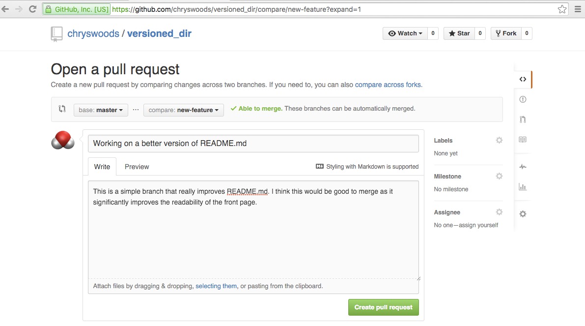 Image of creating a GitHub pull request